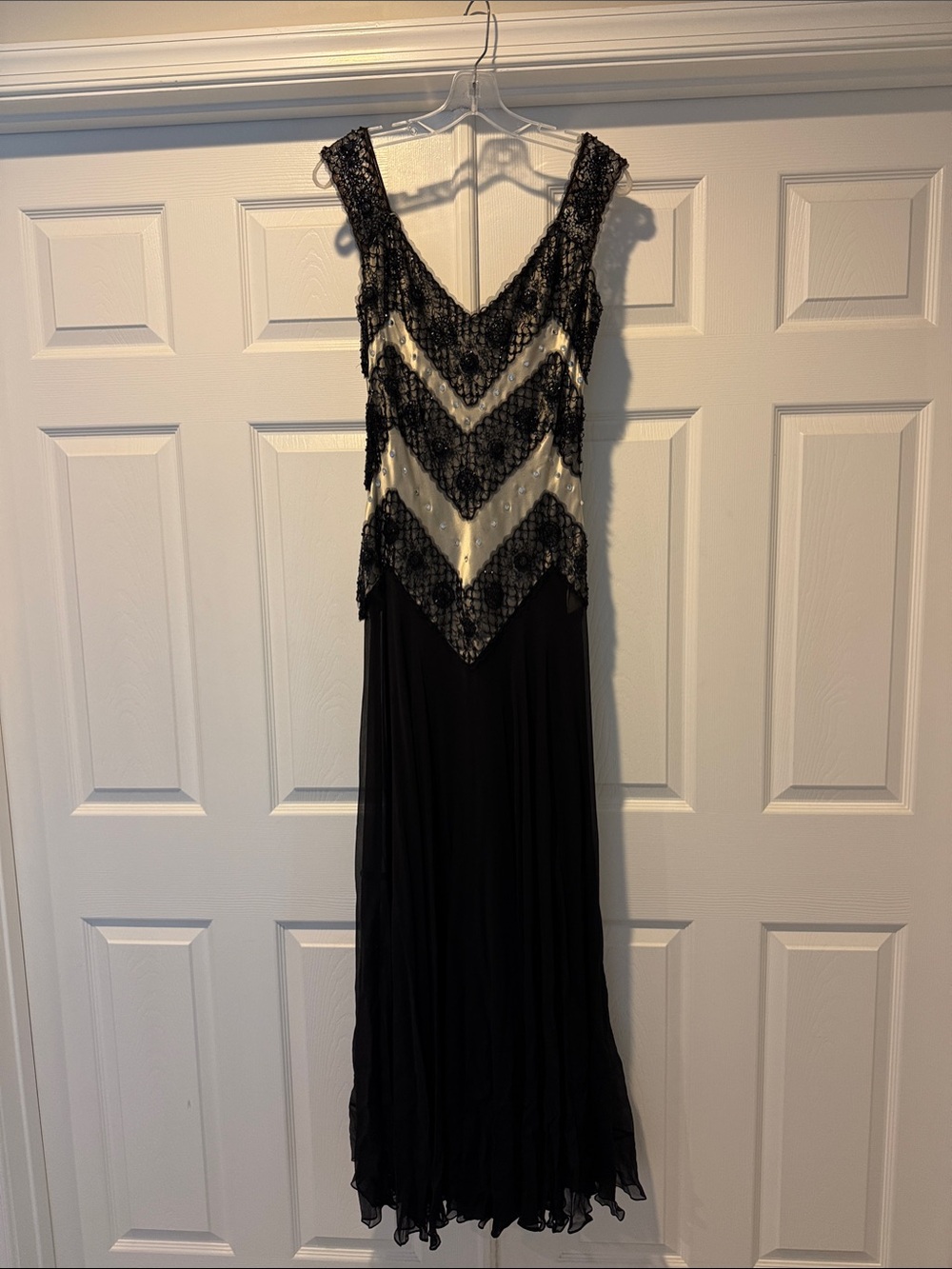 Black and Champagne Lace Chevron Ball Gown - Sleeveless V-Neck Evening Gown.
